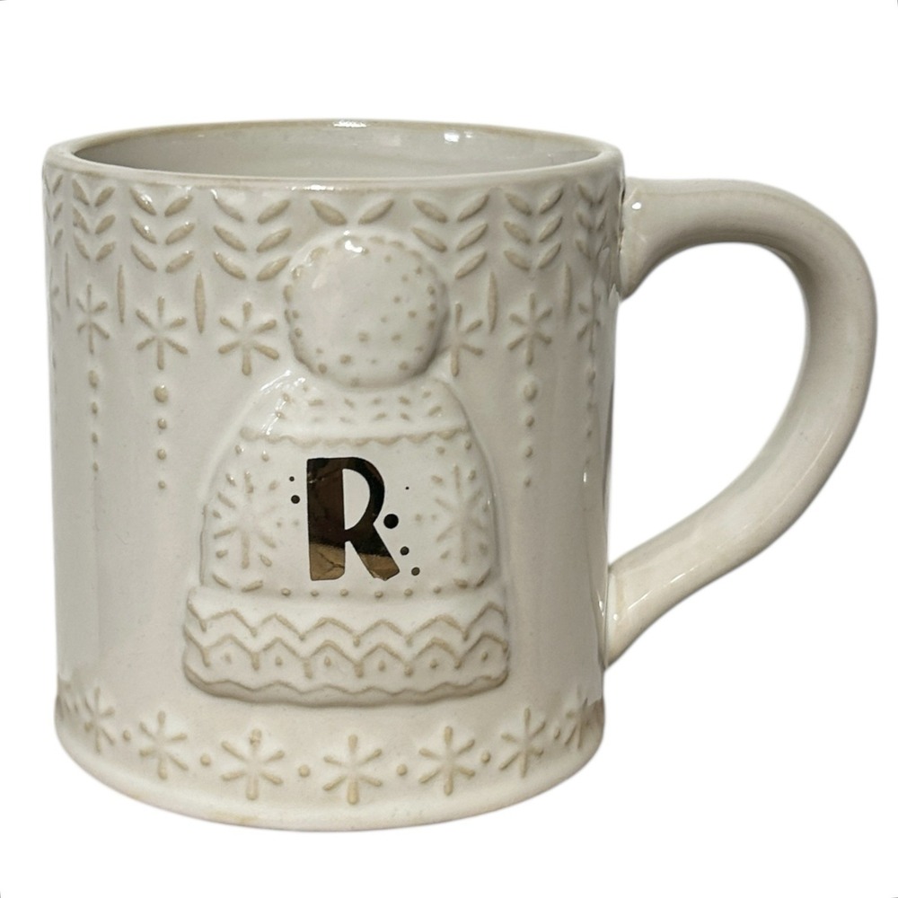 ANTHROPOLOGIE Beige / Gold "R" Monogram Ceramic Mug Coffee Cocoa Winter Knit Hat